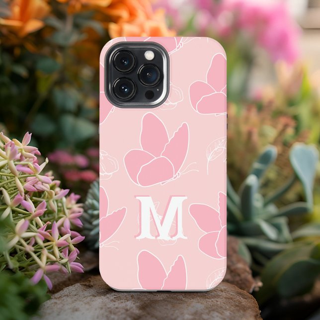 Coque iPhone Motif Papillon Rose et Blush Monogram M Moderne (Créateur téléchargé)