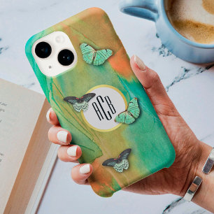 Coque Pour iPhone 14 Motif Papillons Vintage avec monogramme