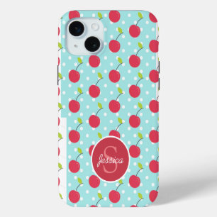 Coque iPhone 15 Plus Motif personnalisé à pois cerise et bleu
