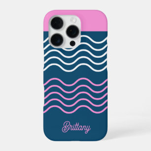 Coque iPhone 16 Pro Motif personnalisé Bleu et rose rayures ondulées