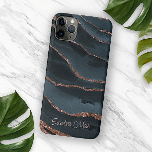 Coque iPhone 15 Pro Max Motif personnalisé marbre mauve or rose bleu foncé