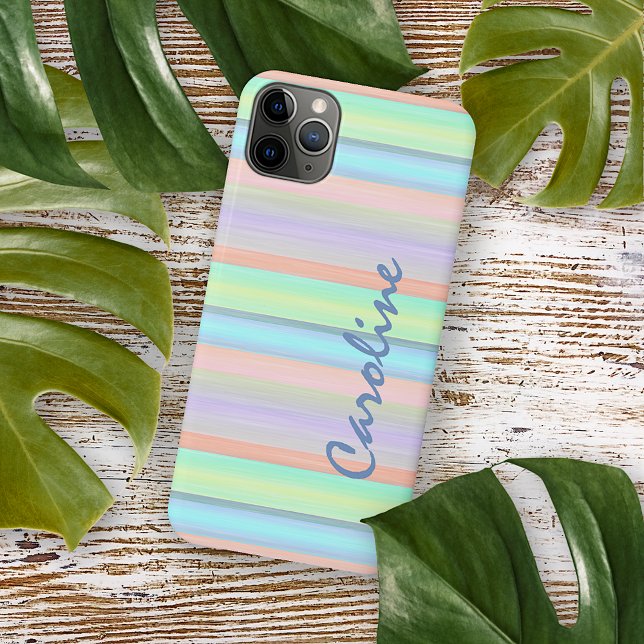 Coque iPhone Motif rayé vert citron rose pêche bleu blush (Créateur téléchargé)