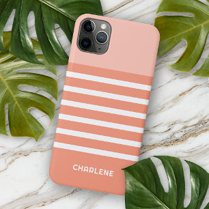Coque iPhone 16 Pro Max Motif rayures blanches et corail saumon pêche oran