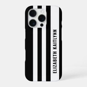 Coque iPhone 16 Pro Motif Rayures Noir et Blanc Personnalisé
