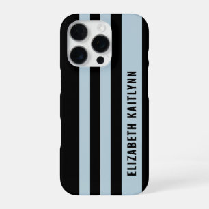 Coque iPhone 16 Pro Motif rayures noir et bleu Personnalisé