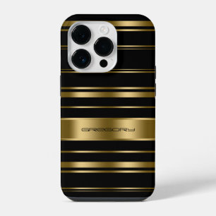 Coque Pour iPhone 14 Plus Motif rayures or et noir avec monogramme
