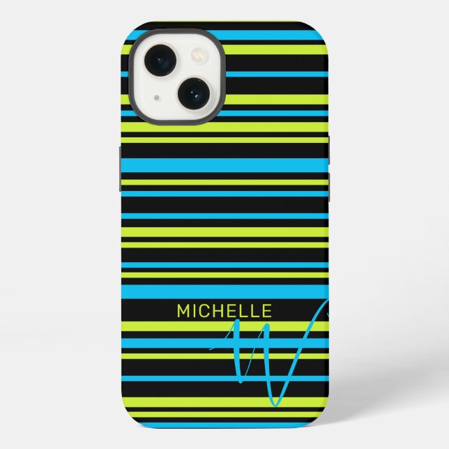 Coque iPhone Motif rayures simples bleu vert citron Monogramme (Verso)