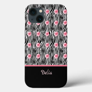 Etui iPhone 13 Motif Rose rose et gris minuscule sur les perles n