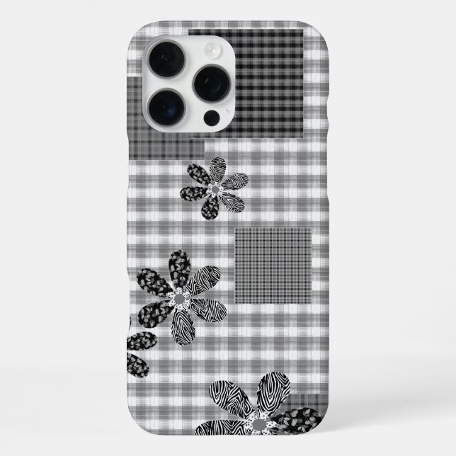Coque iPhone Motif rustique en patchwork noir et blanc rétro (Verso)