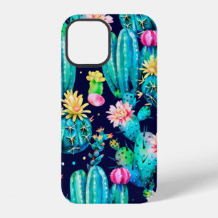 Coque iPhone 12 Motif sans couture à l'aquarelle. Cactus en fleurs