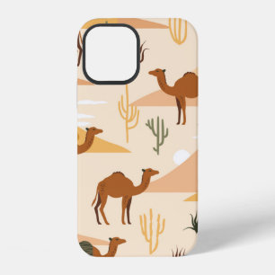 Coque iPhone 12 Motif sans couture avec chameaux, dunes et cactus.