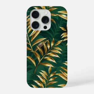 Coque iPhone 15 Pro Motif sans couture avec des fougères dorées