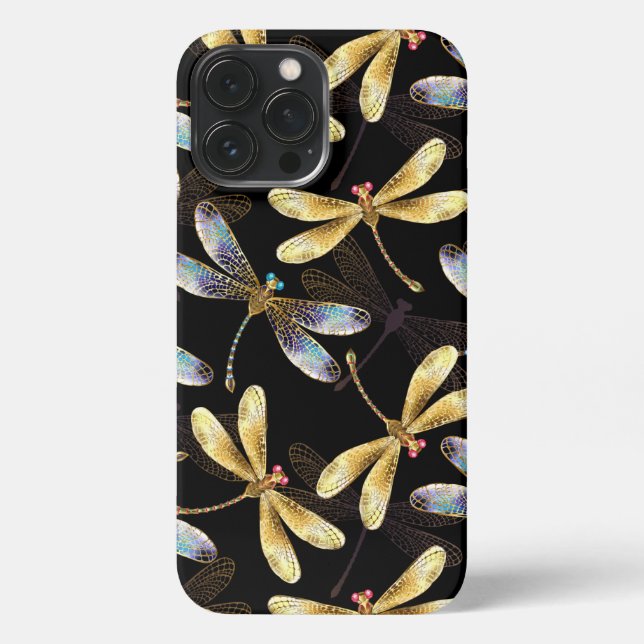 Coque iPhone Motif sans couture avec libellules d'or (Verso)