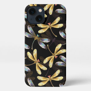 Etui iPhone 13 Motif sans couture avec libellules d'or