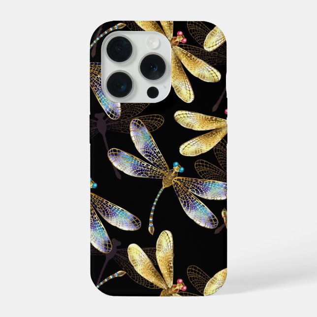 Coque iPhone Motif sans couture avec libellules d'or (Verso)