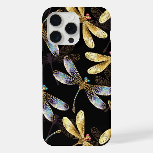 Coque iPhone Motif sans couture avec libellules d'or (Verso)