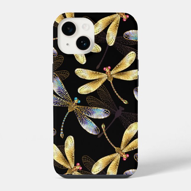 Coque iPhone Motif sans couture avec libellules dorées (Verso)