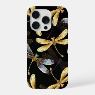Coque iPhone 15 Pro Motif sans couture avec libellules dorées