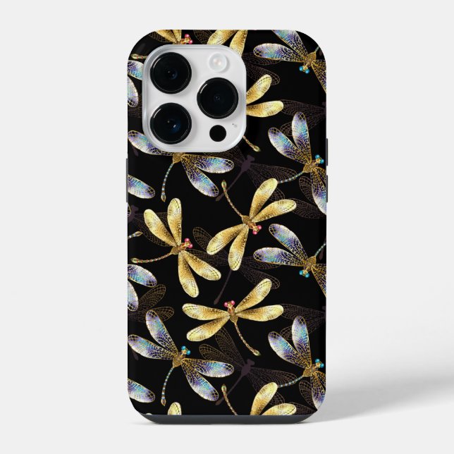 Coque iPhone Motif sans couture avec libellules dorées (Verso)