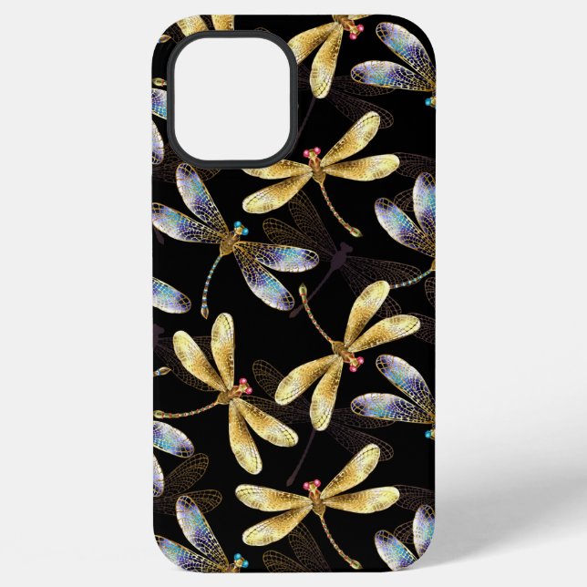 Coque iPhone Motif sans couture avec libellules dorées (Verso)