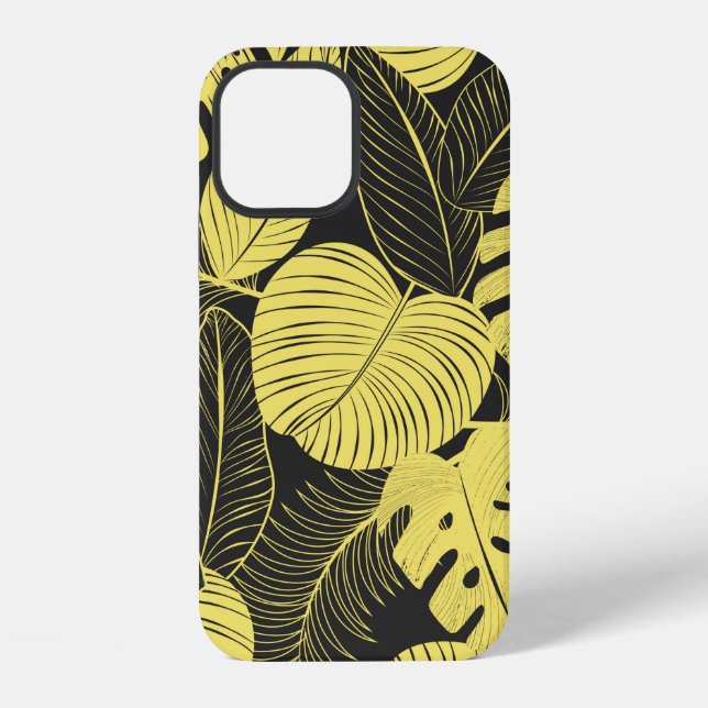 Coque iPhone Motif sans couture de feuille tropicale jaune et n (Verso)