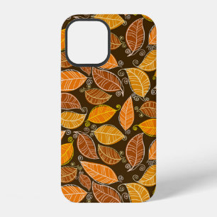 Coque iPhone 12 Motif sans couture de feuilles d'automne, fond vin