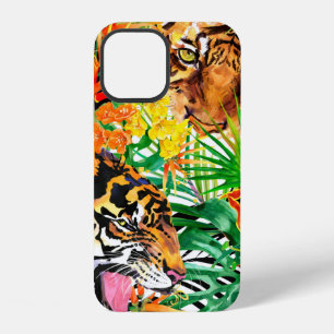 Coque iPhone 12 motif sans couture tropicale avec tigre. aquarelle