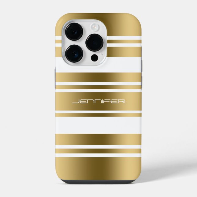 Coque iPhone Motif simple à rayures dorées et blanches (Verso)