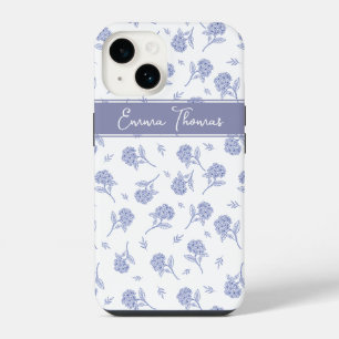 Coque Pour iPhone 14 Motif Toile Botanique d'Hortensia Bleu et Blanc