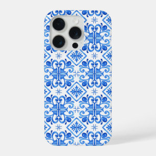 Coque iPhone 15 Pro Motif Toile de Jouy Bleue