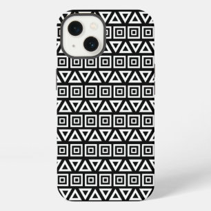 Etui iPhone 13 Motif Triangles+Carrés Aztèques Blanc sur Noir
