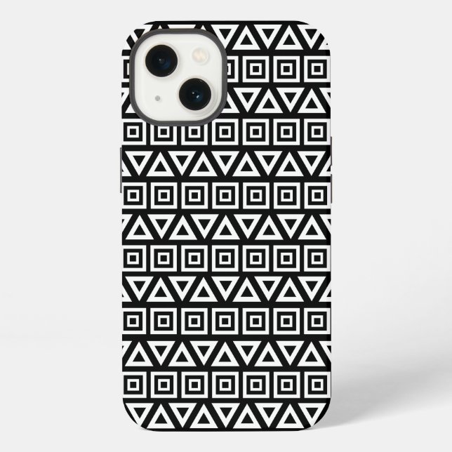 Coque iPhone Motif Triangles+Carrés Aztèques Blanc sur Noir (Verso)