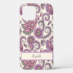Coque iPhone 12 Motif unique à fleurs et à paisley violet