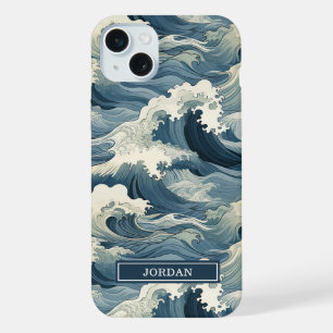 Coque iPhone 15 Plus Motif Vagues Japonaises Monogrammé