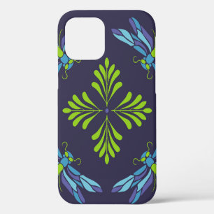 Coque iPhone 12 Motif vintage libellule vert bleu sur fond sombre