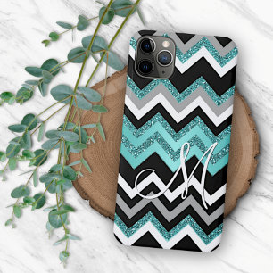 Coque iPhone 16 Pro Max Motif zigzag personnalisé bleu turquoise argent no