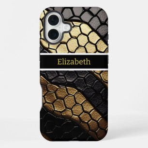 Coque iPhone 16 Plus Motifs frappants d'une peau de serpent noir et or