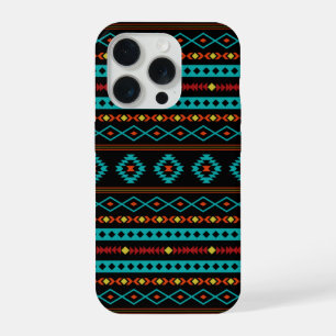 Coque iPhone 15 Pro Motifs mixtes Aztec sarcelle rouges jaunes noirs