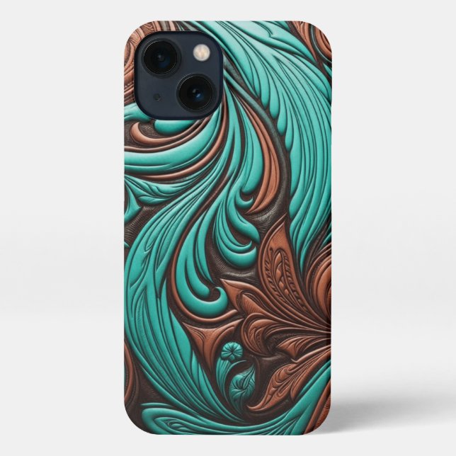 Coque iPhone Motifs occidentaux à outils Turquoise et Chocolat (Verso)