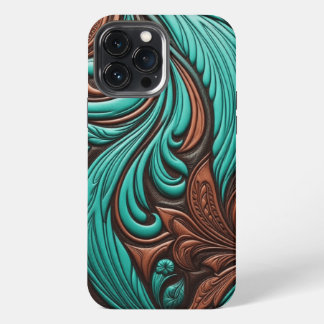 Etui iPhone 13 Pro Max Motifs occidentaux à outils Turquoise et Chocolat
