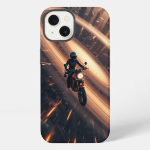 Etui iPhone 13 Motocycliste roulant dans une ville futuriste avec