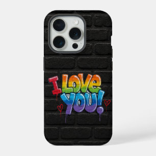 Coque iPhone 15 Pro Mur de briques noir avec graffiti « Je t'aime ! »