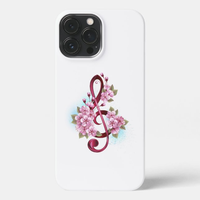 Coque iPhone Musical treble clef notes with sakura flowers (Verso)
