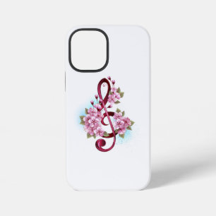 Coque iPhone 12 Mini Musical treble clef notes with sakura flowers