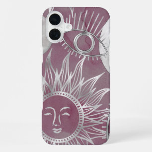 Coque iPhone 16 Plus Mystique solaire Rose Argent Lune Étoiles Soleil