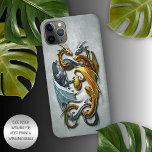 Coque iPhone 11Pro Max Mythique Dragons celtiques Imaginaire tatouage Art<br><div class="desc">Le tatouage classique contemporain de dragons couleur argent bleu et or jaune tenant leur oeuf. Belle couverture moderne et cool pour le brancheur tendance et amateur d'art branché, amoureux de motifs artistiques qui veut protéger leur téléphone de la poussière et de la saleté, de l'usure et de la déchirure. Cette...</div>