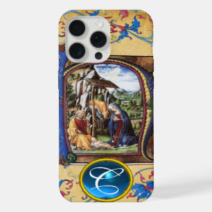 COQUE iPhone 15 PRO MAX NATIVITÉ CHRISTMAS PARCHMENT BLUE GEM MONOGRAM