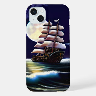 Coque iPhone 15 Plus Navire illuminé sur l'océan sous la lune