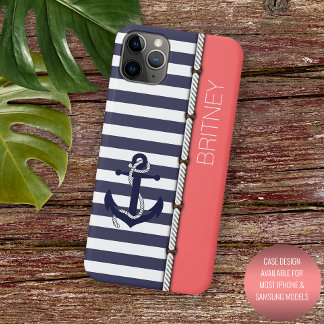 Coque iPhone 16 Pro Max Navy bleu foncé blanc corail rouge rayures personn