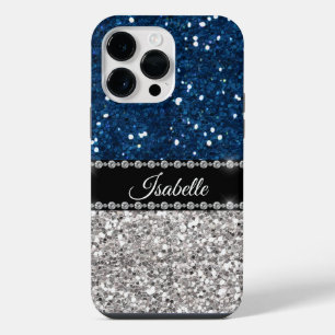 Coque Pour Pour iPhone 14 Pro Max Navy Blue Argent Paillettes Glam Bling Personnalis